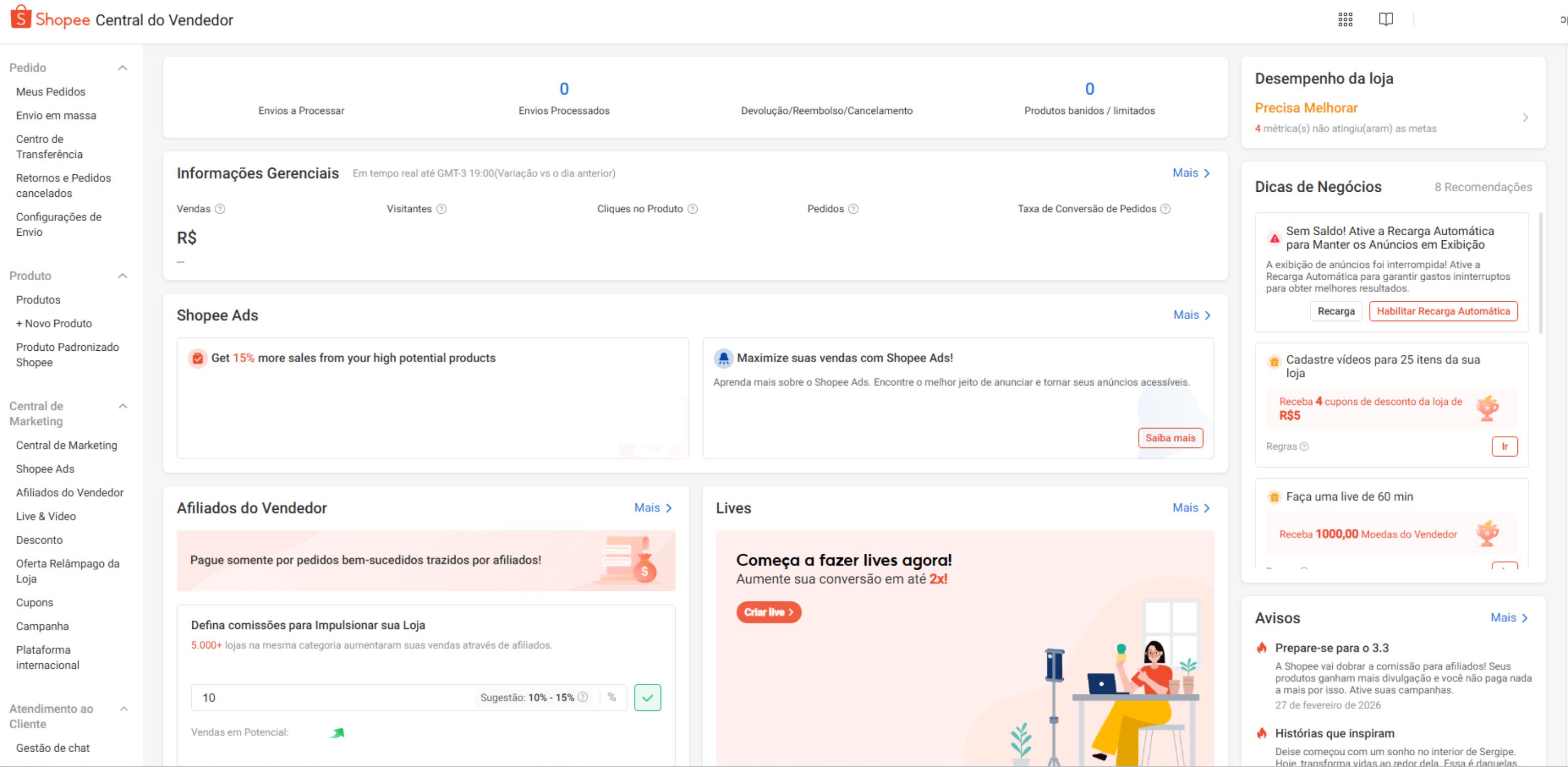 Tela de login do painel Shopee