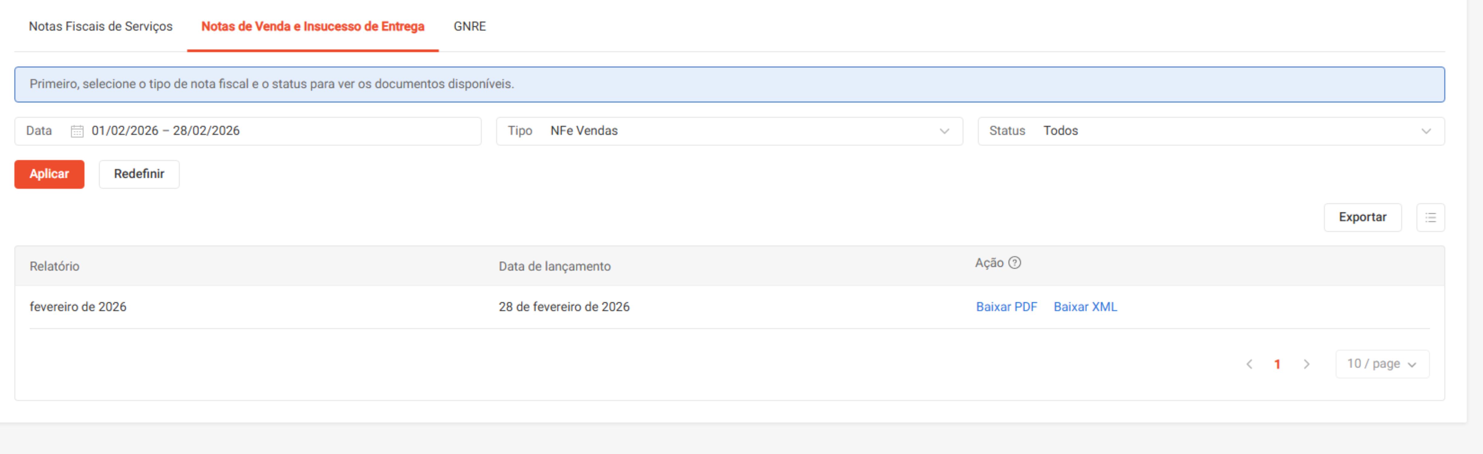Tela de exportação de XML